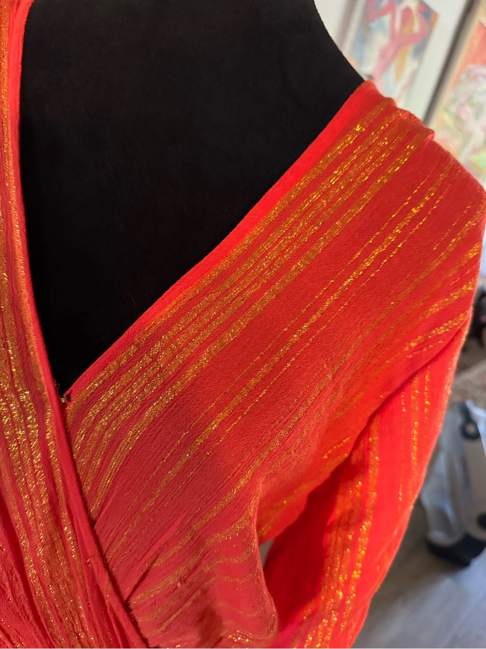 Michael Kors Orange Metallic-Striped Midi Wrap Dress - Picture 6 of 7